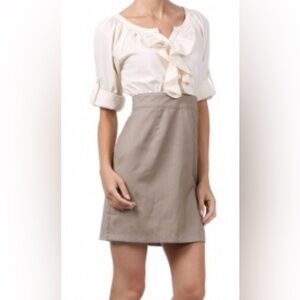 Ann Taylor Loft Women's Size 12 Cream Brown Khaki Ruffled Neutral Dress Slit